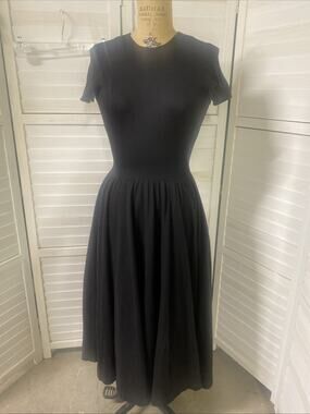 VTG 80s EXPO Black Knit 100% Cotton Fit N Flare Midi Dress Small